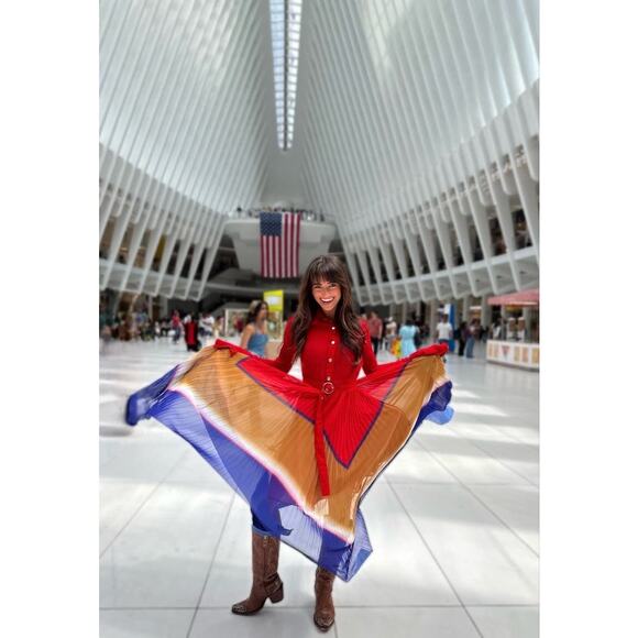 THEBE MAGUGU Red Gradient Asymmetric Pleated Cocktail Collared Chiffon Dress M - Picture 5 of 16